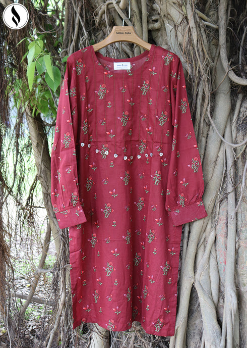 NZSC-821 Stiched 2 Piece Dark Red Vine Co Ord Set Lawn